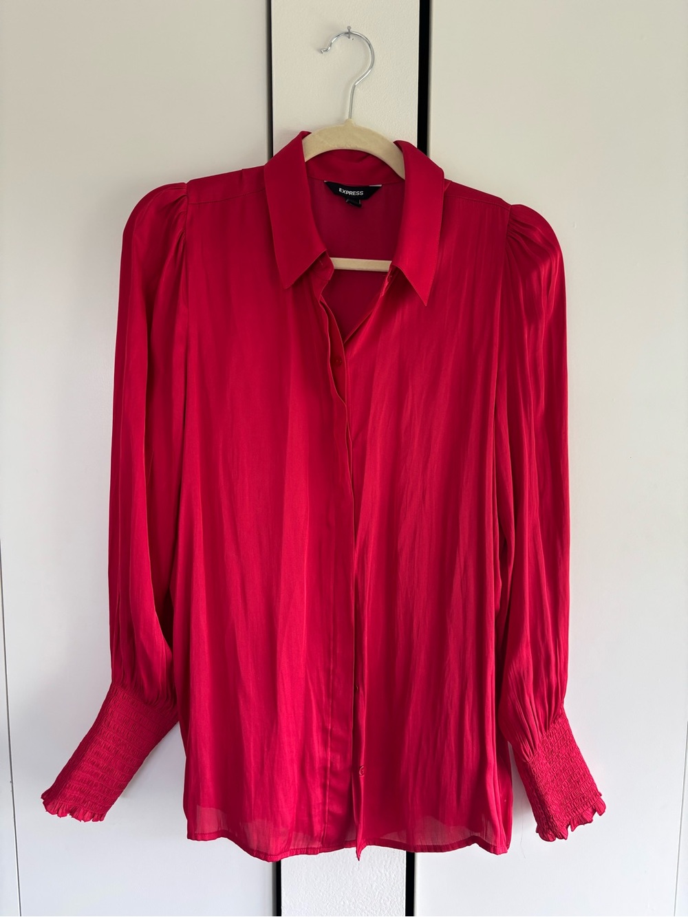 Express Classic Red Button-Front Blouse with Smocked Cuffs